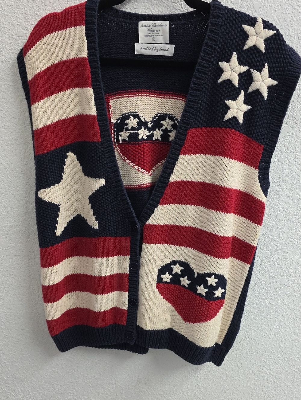 Vintage Americana Handknit Sweater Vest Stars, Stripes & Hearts Patriotic Large